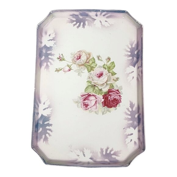 German Lusterware Floral Jewelry Tray 10" Pink Roses Dresser Top Victorian Flora - Picture 1 of 7